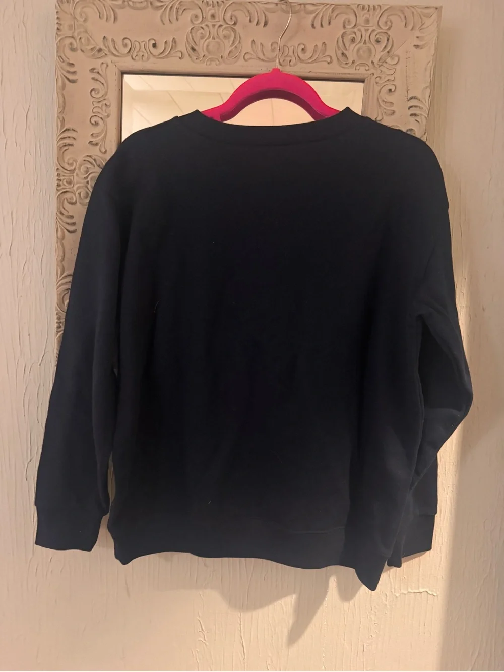 J. Crew Navy Crewneck Sweater with Bright Orange 'LE SKI? Oui Oui!'